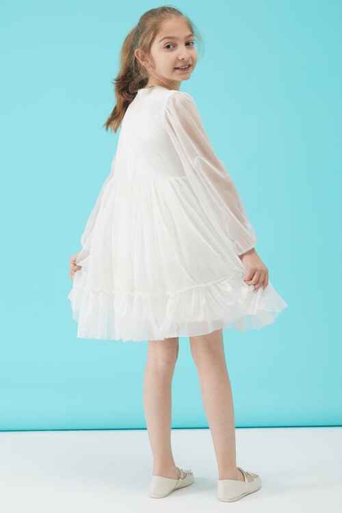 Kız Çocuk Beyaz Simli Tüllü Abiye Elbise 15189
