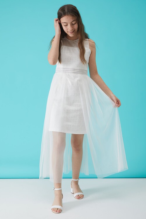 Kız Çocuk Beyaz Taş Detaylı Tüllü Abiye Elbise 15157