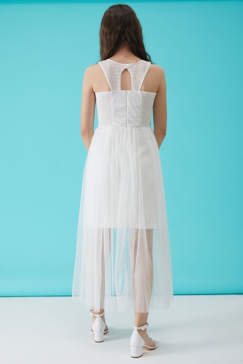 Kız Çocuk Beyaz Taş Detaylı Tüllü Abiye Elbise 15157