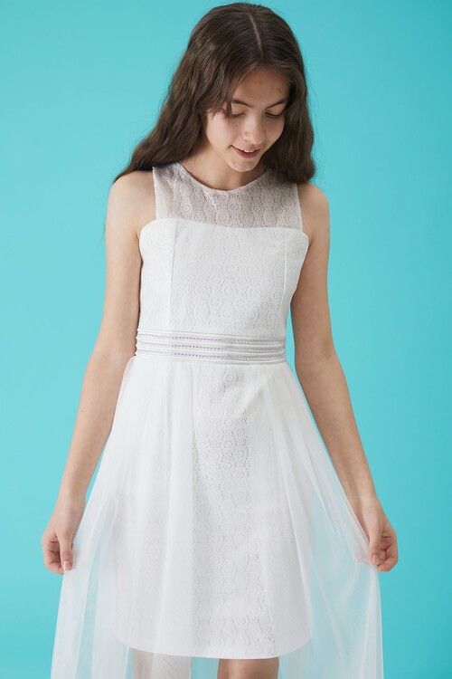 Kız Çocuk Beyaz Taş Detaylı Tüllü Abiye Elbise 15157