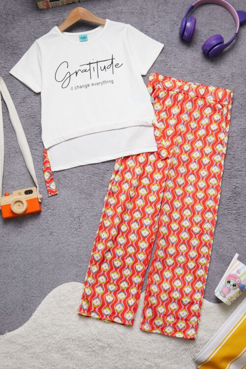 Kız Çocuk Beyaz Yazılı Pantolonlu Bluz Takım 15273