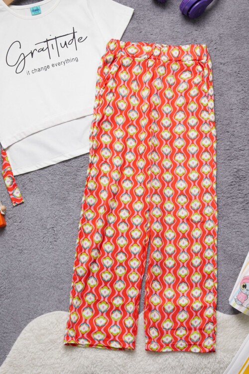 Kız Çocuk Beyaz Yazılı Pantolonlu Bluz Takım 15273