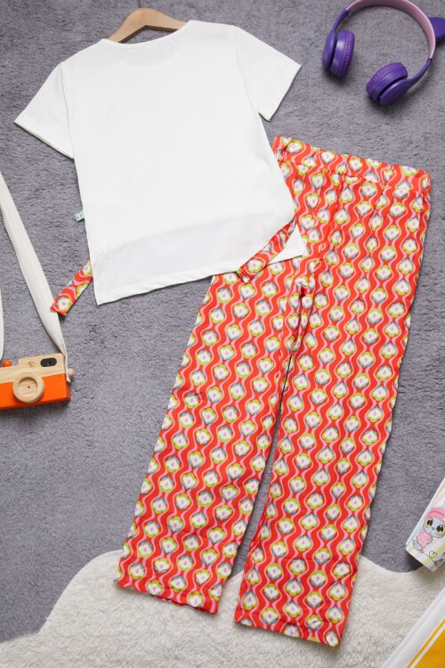 Kız Çocuk Beyaz Yazılı Pantolonlu Bluz Takım 15273