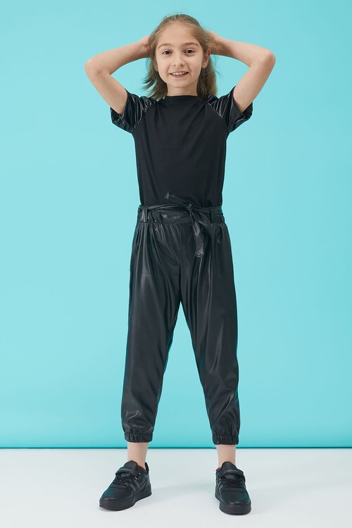 Kız Çocuk Bluz ve Pantolonlu Deri Takım 15190