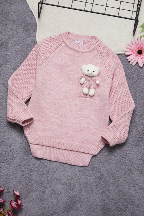 Kız Çocuk Cep Ayıcıklı Triko Kazak 14641