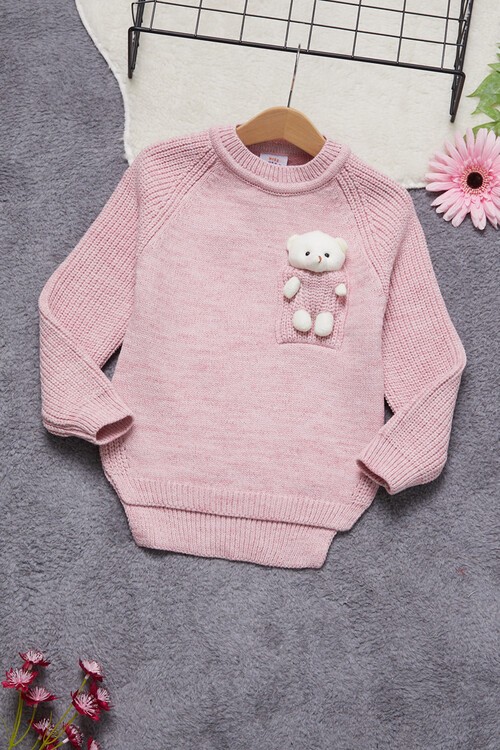 Kız Çocuk Cep Ayıcıklı Triko Kazak 14641