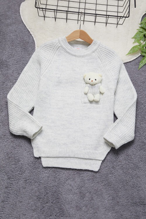 Kız Çocuk Cep Ayıcıklı Triko Kazak 14641