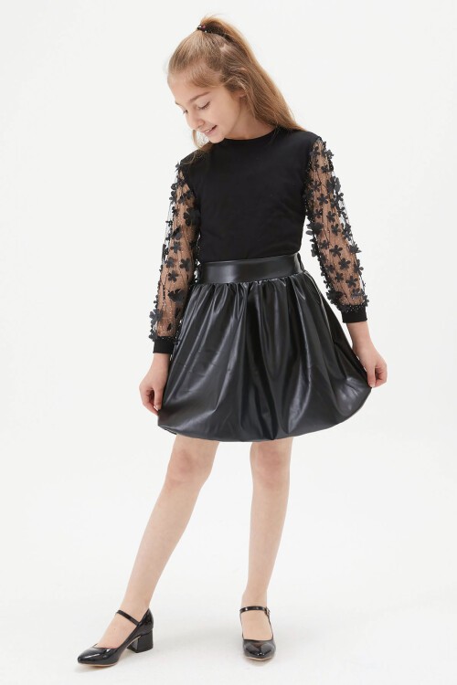 Kız Çocuk Deri Etekli Kolu Tüllü Bluz Takım 15254