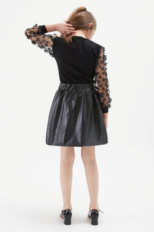 Kız Çocuk Deri Etekli Kolu Tüllü Bluz Takım 15254