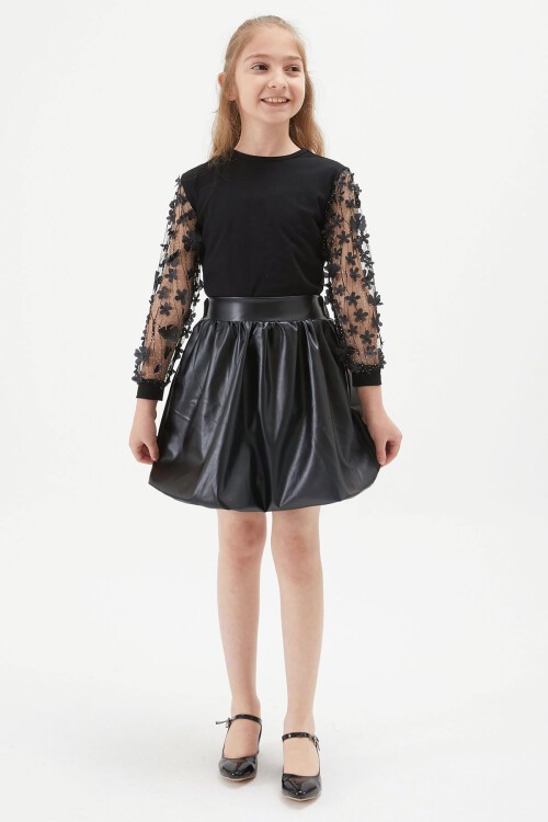Kız Çocuk Deri Etekli Kolu Tüllü Bluz Takım 15254