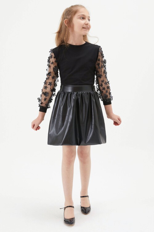 Kız Çocuk Deri Etekli Kolu Tüllü Bluz Takım 15254