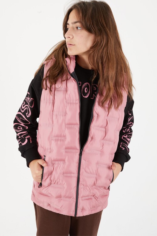 Kız Çocuk Düz Desen Kapüşonlu Şişme Yelek 14648