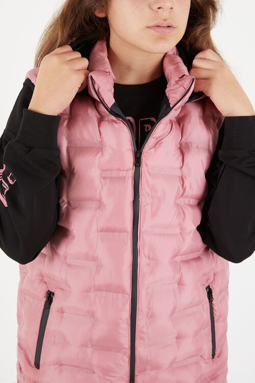 Kız Çocuk Düz Desen Kapüşonlu Şişme Yelek 14648