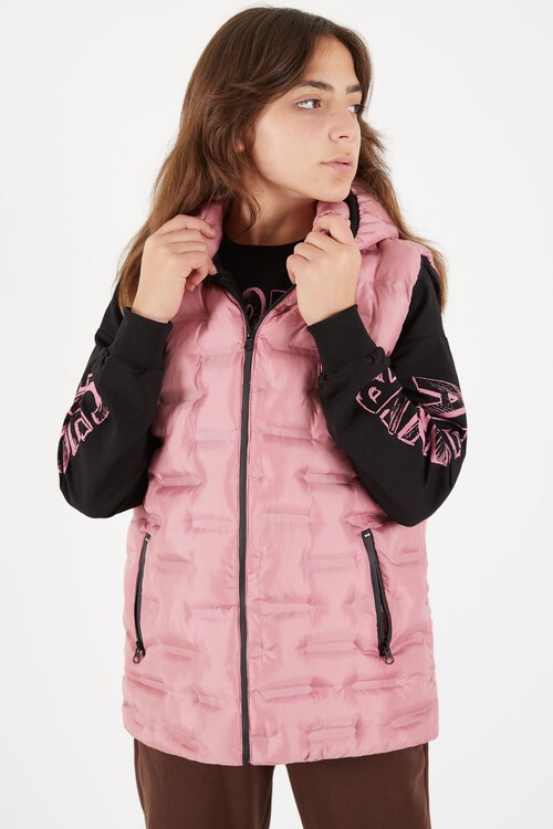 Kız Çocuk Düz Desen Kapüşonlu Şişme Yelek 14648