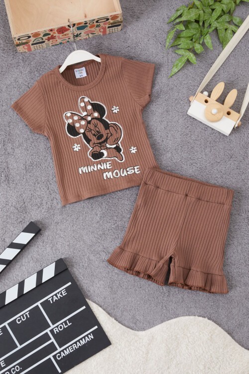 Kız Çocuk Kahve Puantiyeli Şortlu Takım 15295