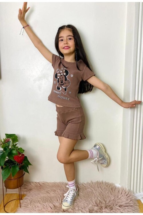 Kız Çocuk Kahve Puantiyeli Şortlu Takım 15295