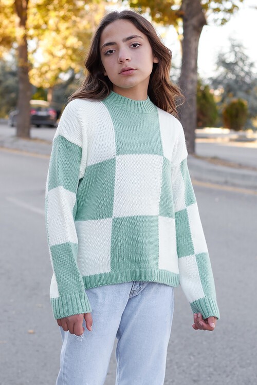 Kız Çocuk Kareli Triko Kazak 14625