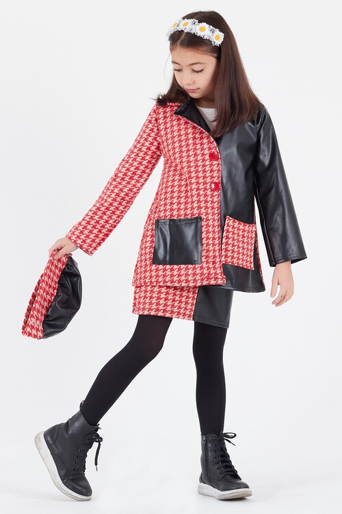 Kız Çocuk Kazayağı Deri Detaylı Ceketli 4lü Elbise Takımı 14590