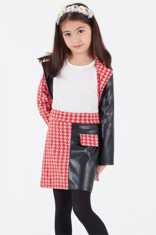 Kız Çocuk Kazayağı Deri Detaylı Ceketli 4lü Elbise Takımı 14590