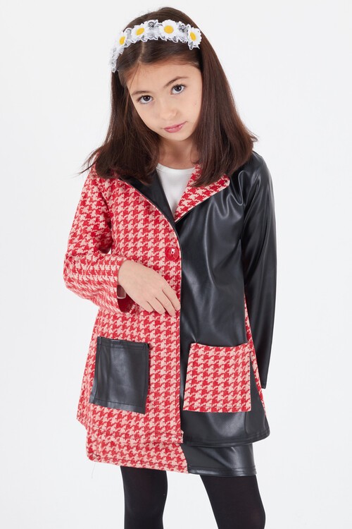Kız Çocuk Kazayağı Deri Detaylı Ceketli 4lü Elbise Takımı 14590