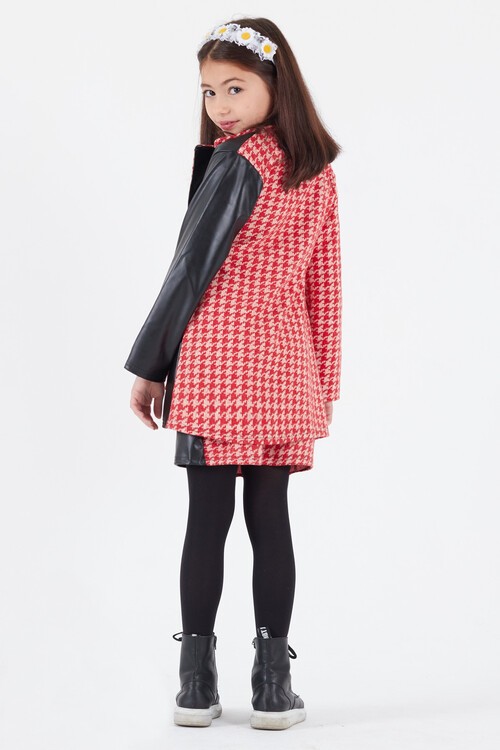 Kız Çocuk Kazayağı Deri Detaylı Ceketli 4lü Elbise Takımı 14590