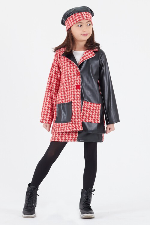 Kız Çocuk Kazayağı Deri Detaylı Ceketli 4lü Elbise Takımı 14590