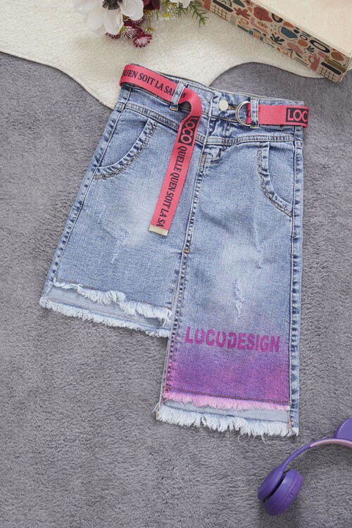 Kız Çocuk Kemerli Baskılı Desing Etek 9-14 Yaş 13915