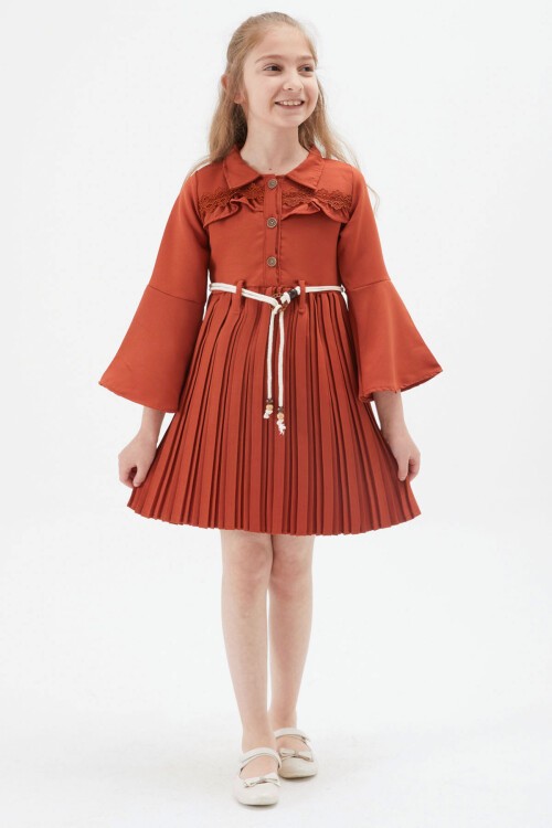 Kız Çocuk Kiremit Dantel Süslemeli Çantalı Piliseli Elbise 15168