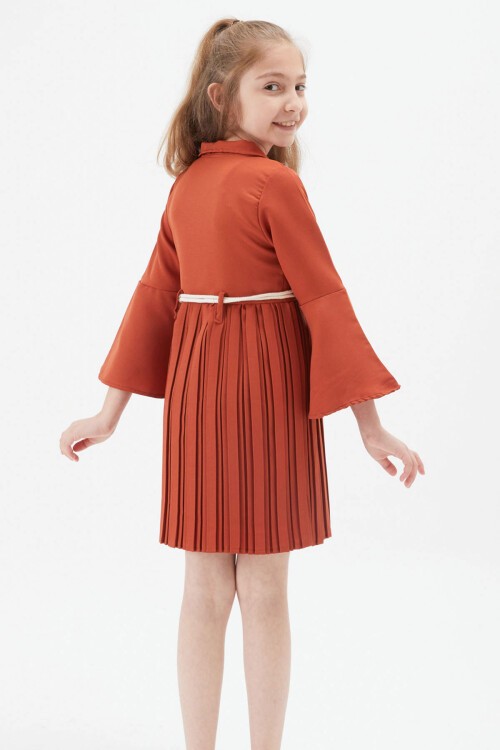 Kız Çocuk Kiremit Dantel Süslemeli Çantalı Piliseli Elbise 15168