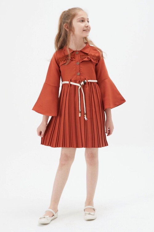 Kız Çocuk Kiremit Dantel Süslemeli Çantalı Piliseli Elbise 15168