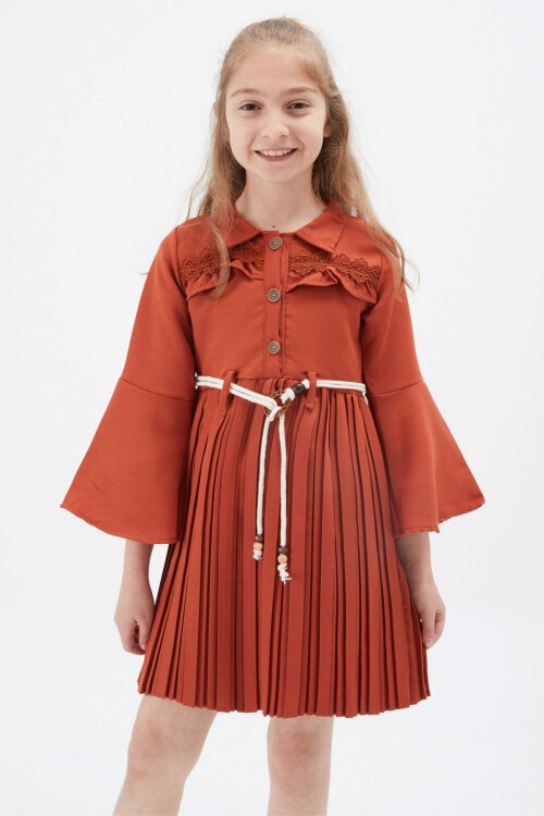 Kız Çocuk Kiremit Dantel Süslemeli Çantalı Piliseli Elbise 15168