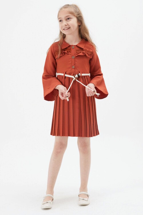 Kız Çocuk Kiremit Dantel Süslemeli Çantalı Piliseli Elbise 15168