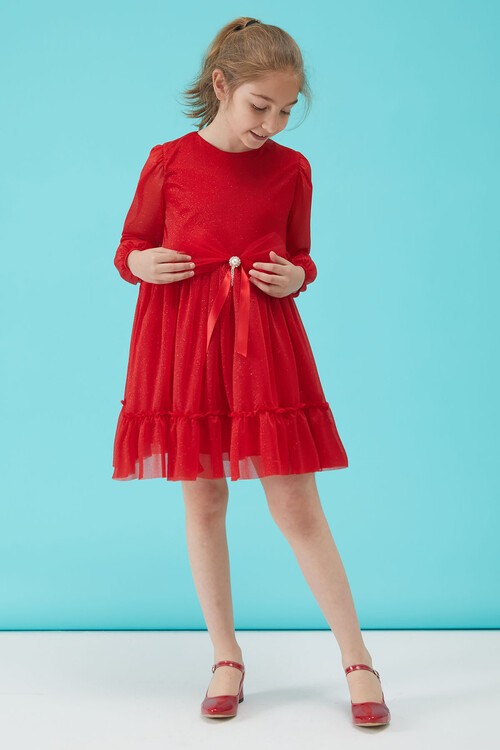 Kız Çocuk Kırmızı Simli Tüllü Abiye Elbise 15187