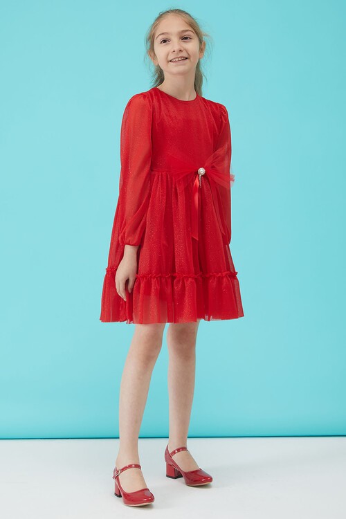 Kız Çocuk Kırmızı Simli Tüllü Abiye Elbise 15187
