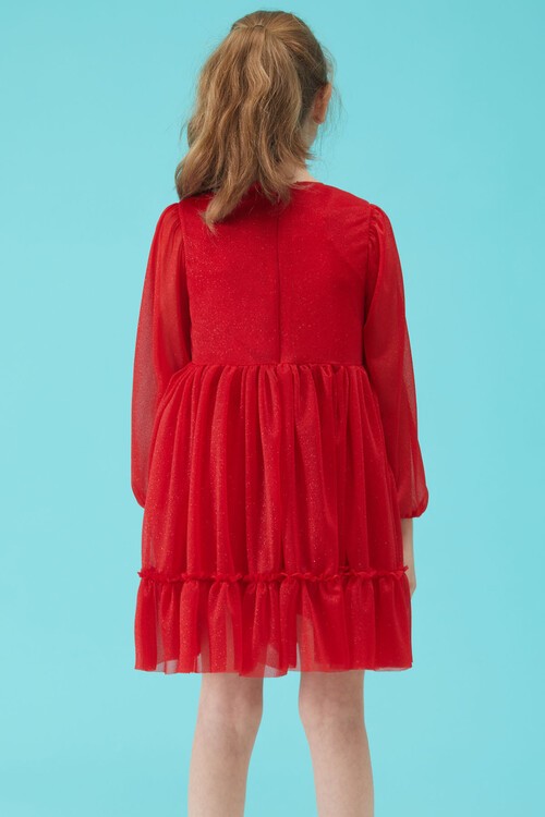 Kız Çocuk Kırmızı Simli Tüllü Abiye Elbise 15187