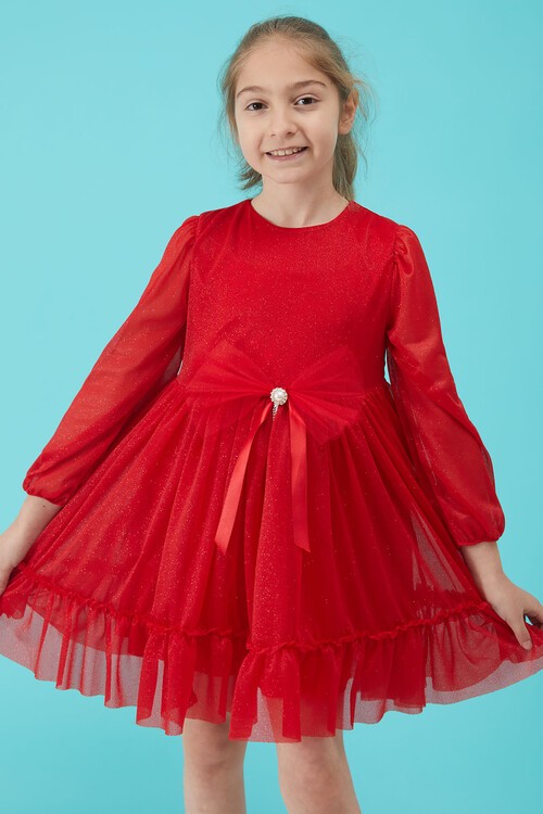 Kız Çocuk Kırmızı Simli Tüllü Abiye Elbise 15187