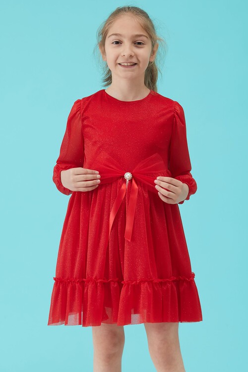 Kız Çocuk Kırmızı Simli Tüllü Abiye Elbise 15187