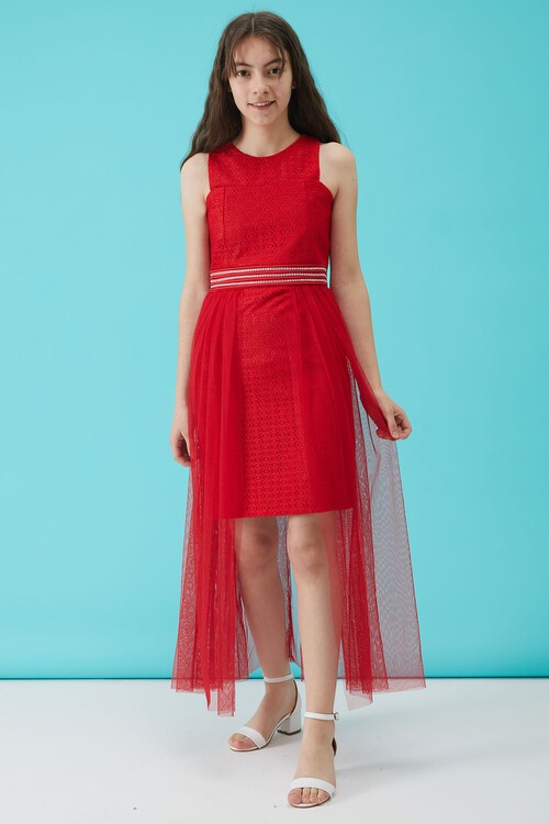 Kız Çocuk Kırmızı Taş Detaylı Tüllü Abiye Elbise 15159