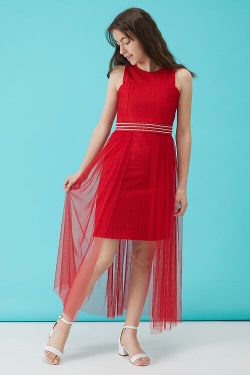 Kız Çocuk Kırmızı Taş Detaylı Tüllü Abiye Elbise 15159