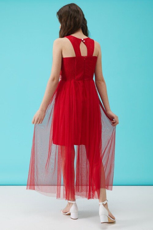 Kız Çocuk Kırmızı Taş Detaylı Tüllü Abiye Elbise 15159