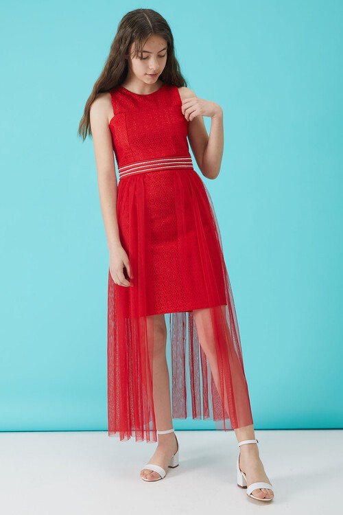 Kız Çocuk Kırmızı Taş Detaylı Tüllü Abiye Elbise 15159