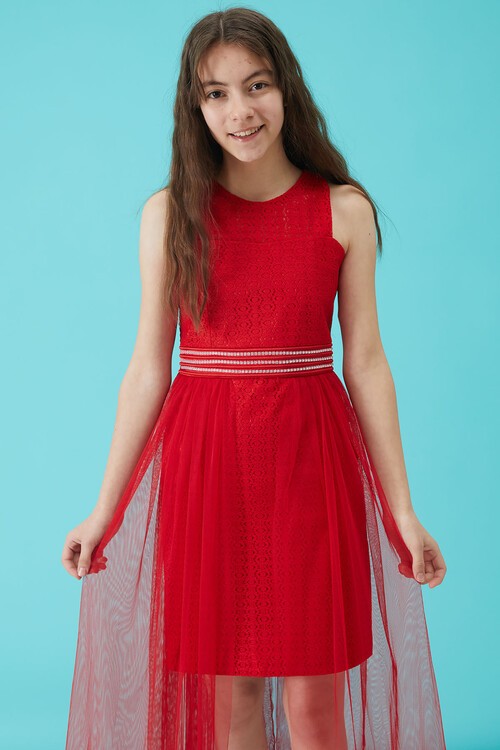 Kız Çocuk Kırmızı Taş Detaylı Tüllü Abiye Elbise 15159