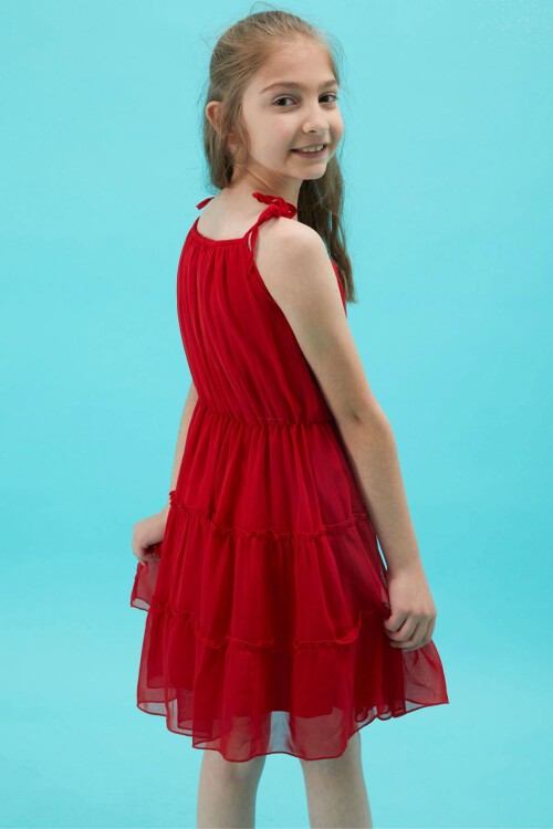 Kız Çocuk Jean Ceketli Kırmızı Elbise Takımı 15194