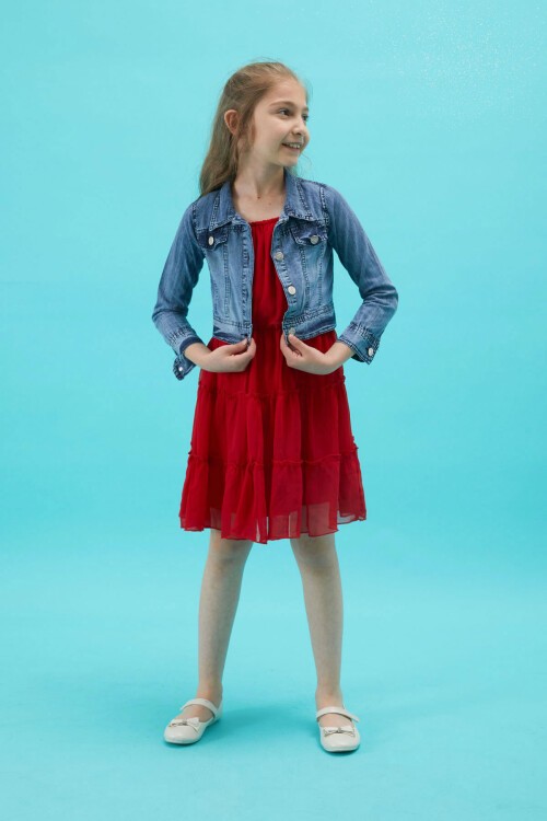 Kız Çocuk Jean Ceketli Kırmızı Elbise Takımı 15194
