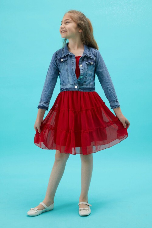 Kız Çocuk Jean Ceketli Kırmızı Elbise Takımı 15194