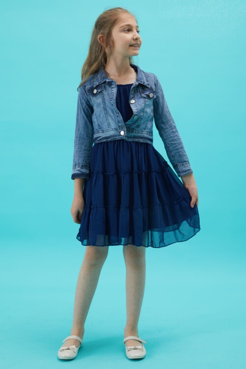 Kız Çocuk Jean Ceketli Lacivert Elbise Takımı 15193