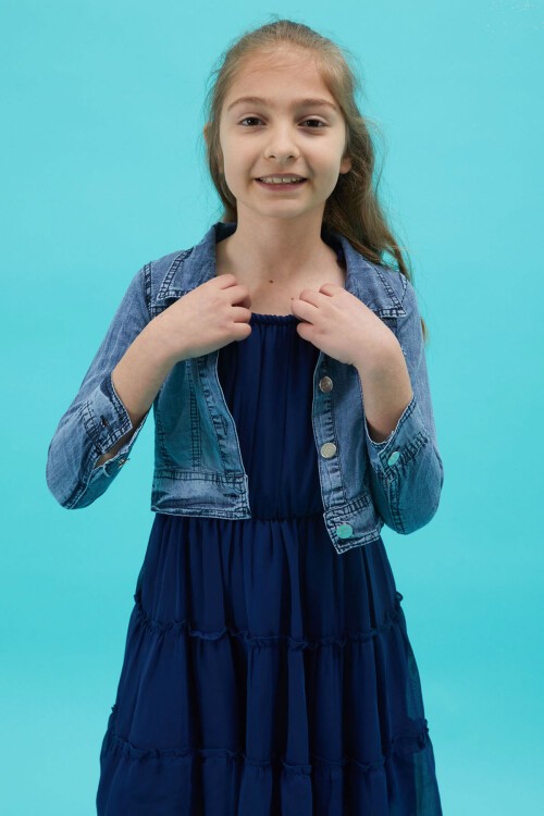 Kız Çocuk Jean Ceketli Lacivert Elbise Takımı 15193