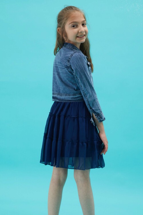 Kız Çocuk Jean Ceketli Lacivert Elbise Takımı 15193