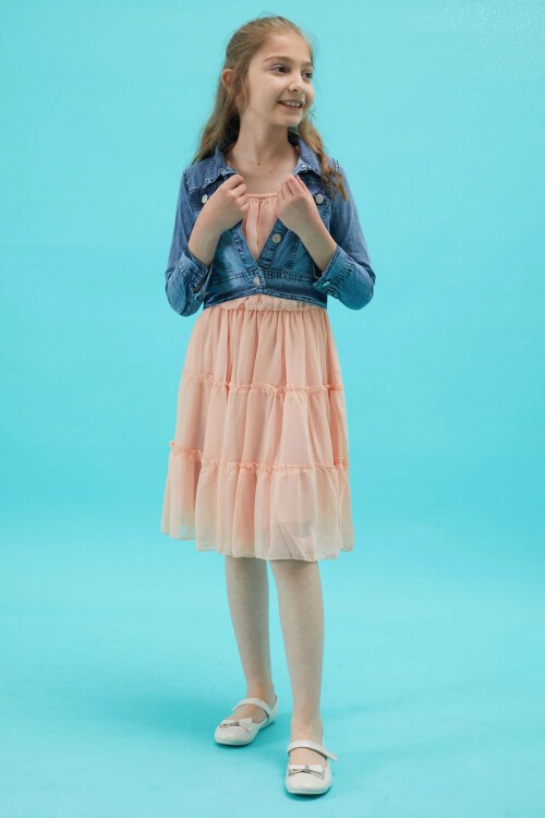 Kız Çocuk Jean Ceketli Pembe Elbise Takımı 15192