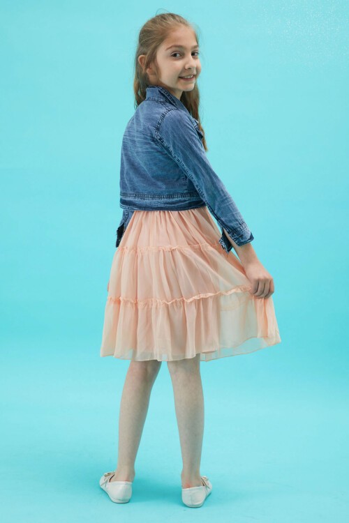 Kız Çocuk Jean Ceketli Pembe Elbise Takımı 15192